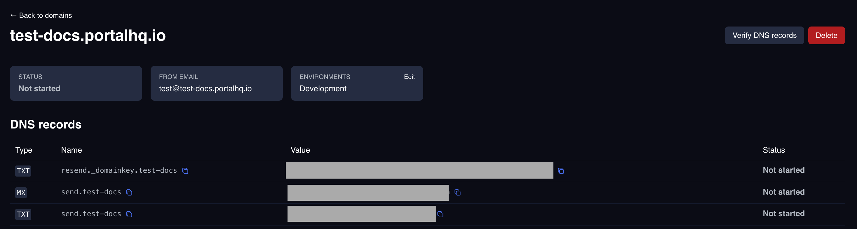Domain detail page listing the SPF and DKIM DNS records to add, each with type, name, value, and status