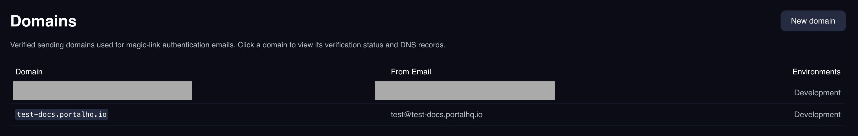 Domains list showing each sending domain with its from email and assigned environments