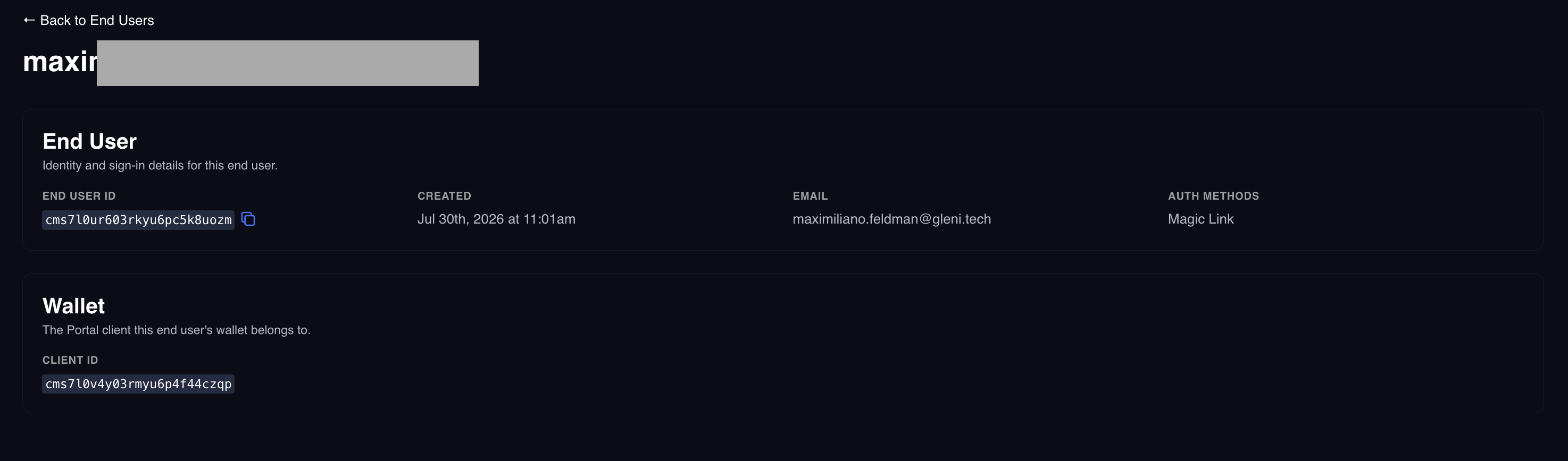 End user detail view with the End User, Wallet, and TOTP cards
