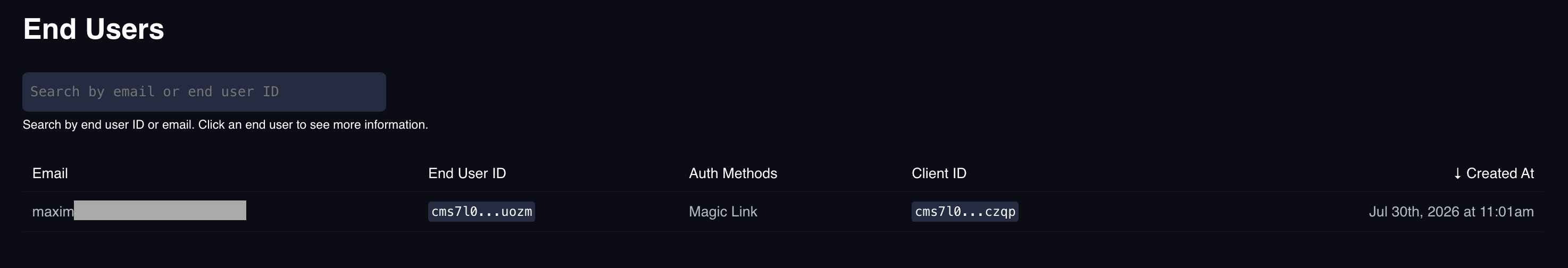 End Users list showing email, end user ID, auth methods, client ID, and created at columns with a search box above