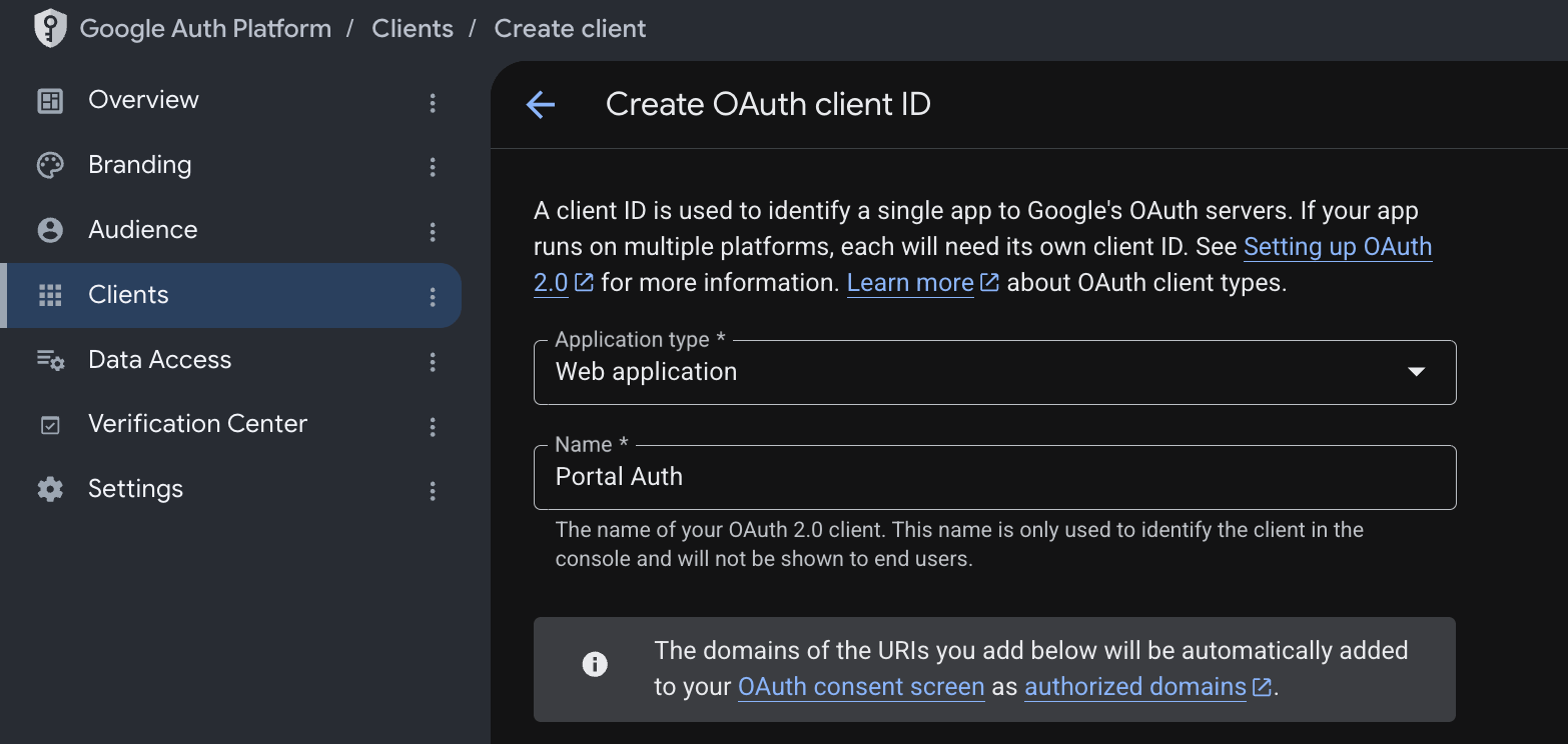 Create OAuth client ID form with Application type set to Web application and a name entered