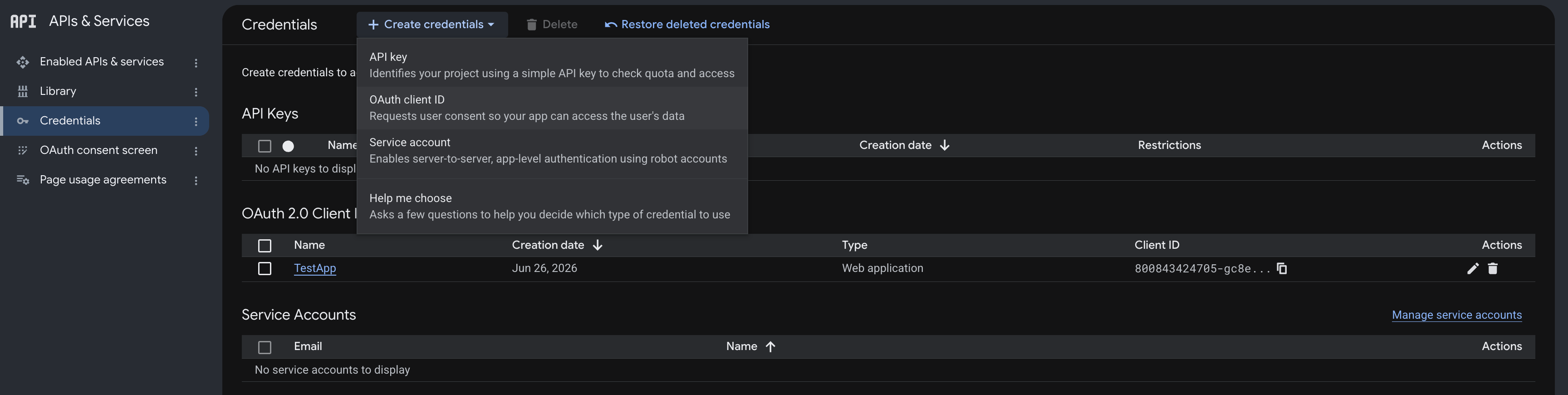 Google Cloud Console Credentials page with the Create Credentials menu open on OAuth client ID