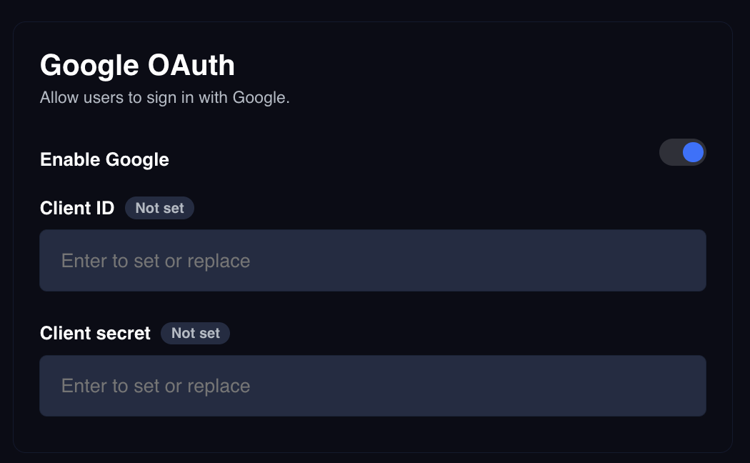 Google OAuth section with the enable toggle and write-only Client ID and Client secret fields showing configured badges