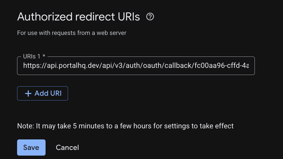 Authorized redirect URIs section with a Portal callback URL added for each environment