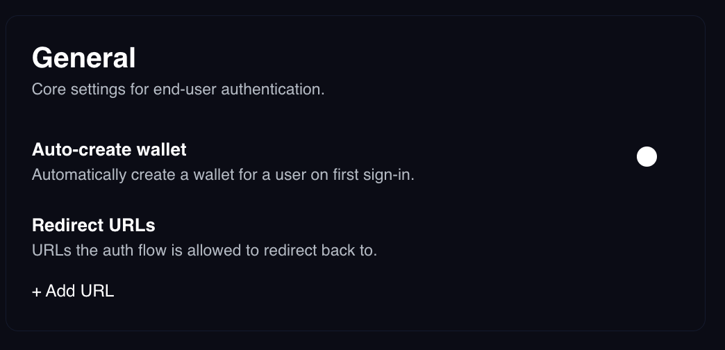 Redirect URLs section listing two allowed callback URLs with add and remove controls