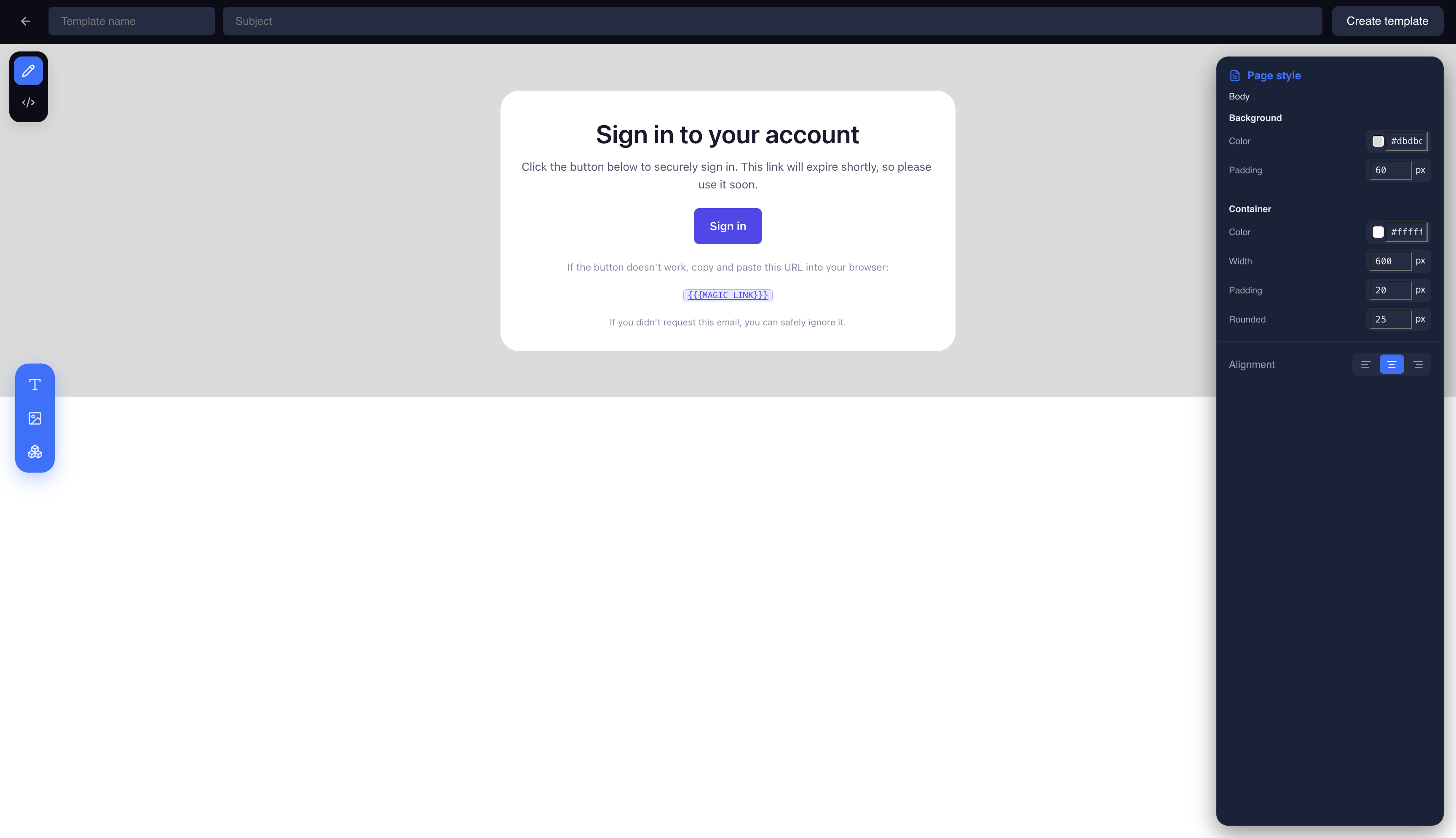 Magic link template editor showing the visual editing surface with the sign-in button selected