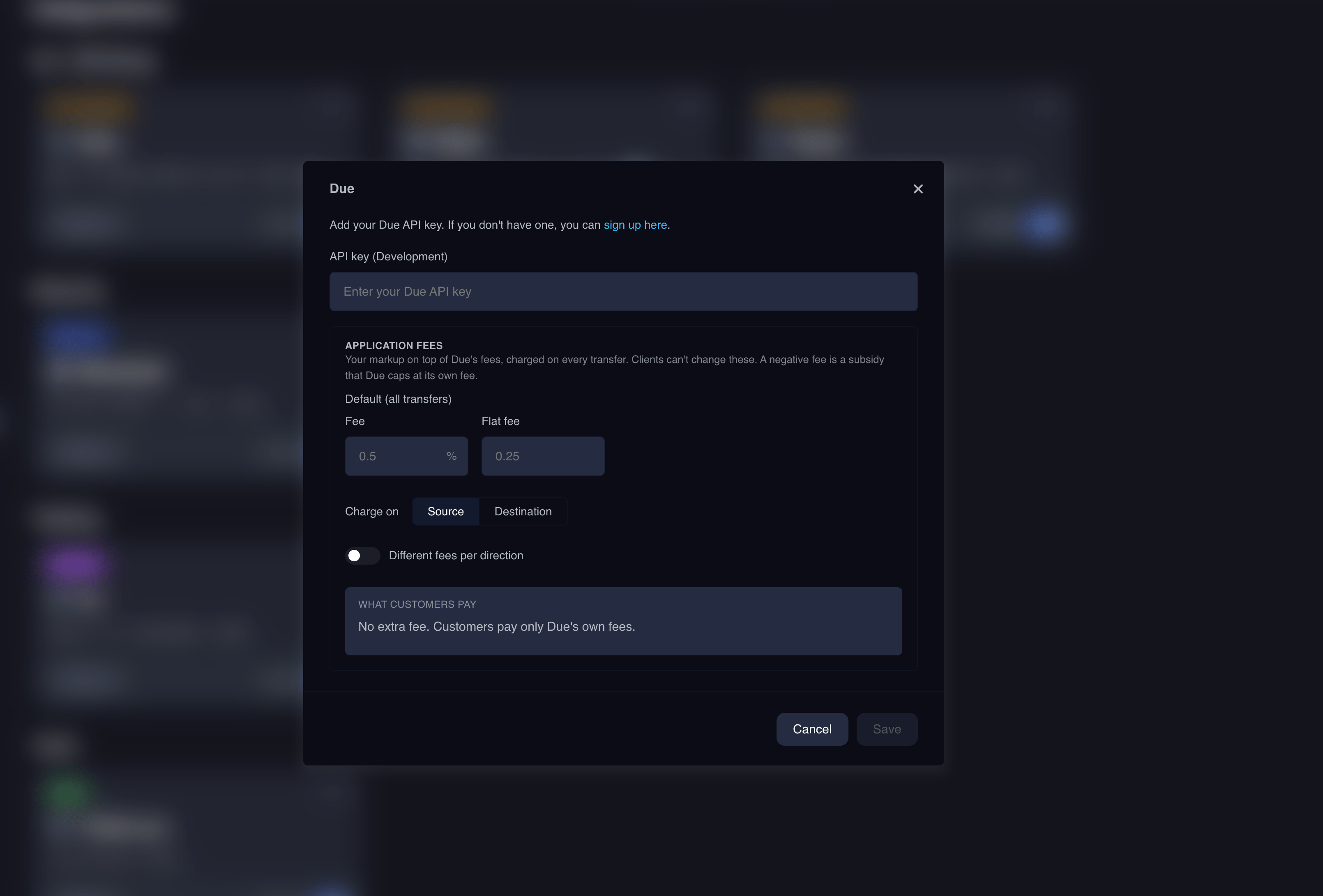 Portal Dashboard Due configuration modal showing the API key input and application fees panel
