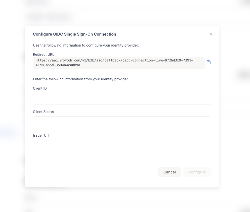 OIDC configuration modal showing Redirect URL with copy button, and input fields for Client ID, Client Secret, and Issuer URL
