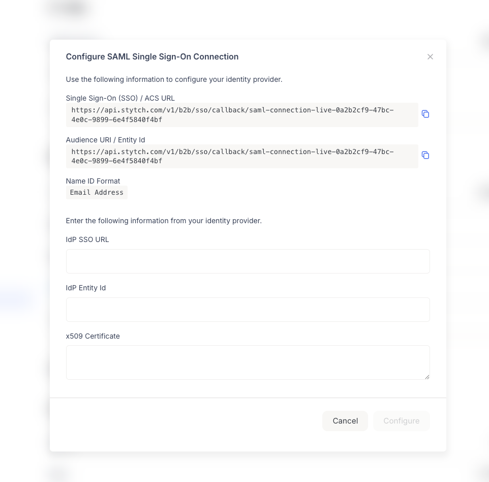 SAML configuration modal showing SSO/ACS URL, Audience URI/Entity Id, Name ID Format, and input fields for IdP SSO URL, IdP Entity Id, and x509 Certificate