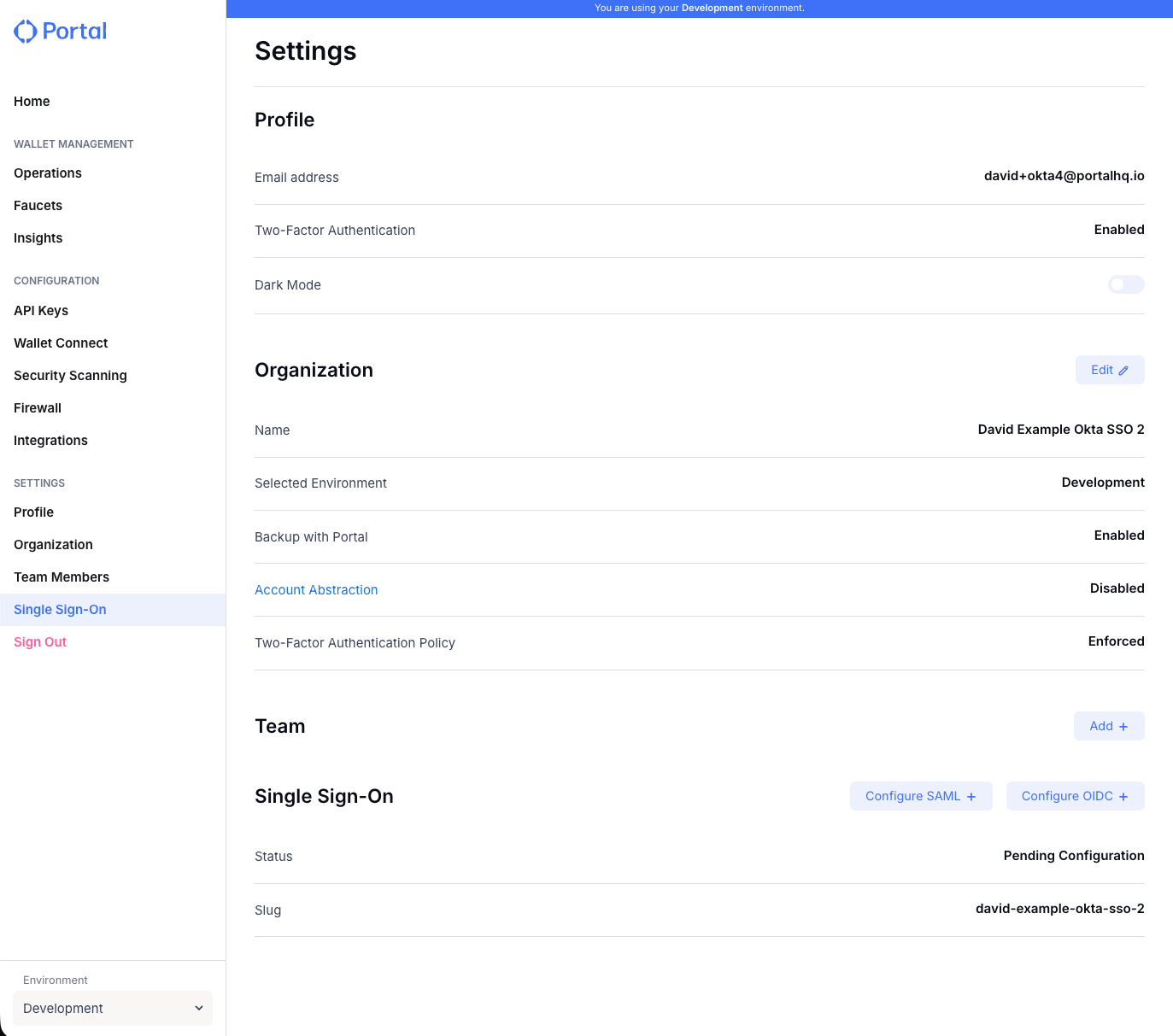 Portal Admin Dashboard Settings page showing Single Sign-On in the navigation sidebar
