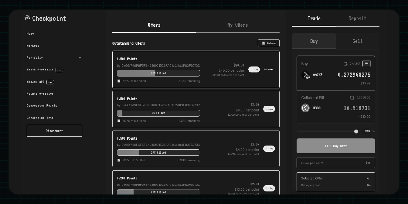 Checkpoint Exchange alpha version application screenshot, dark theme
