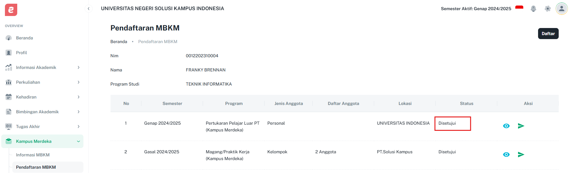 Pendaftaran MBKM Status