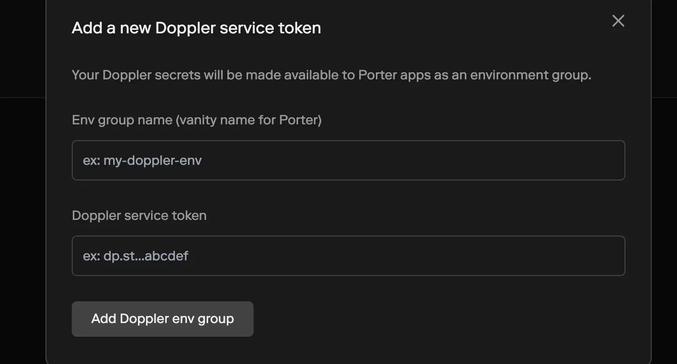 Add a new Doppler service token modal in the Porter dashboard