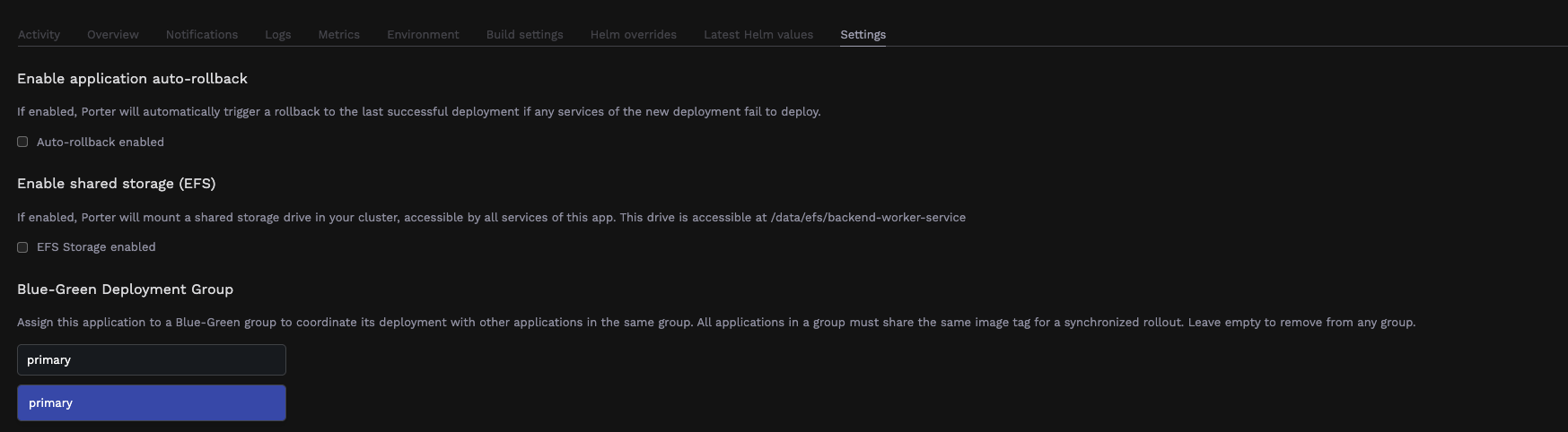 Blue-Green Configuration in Dashboard