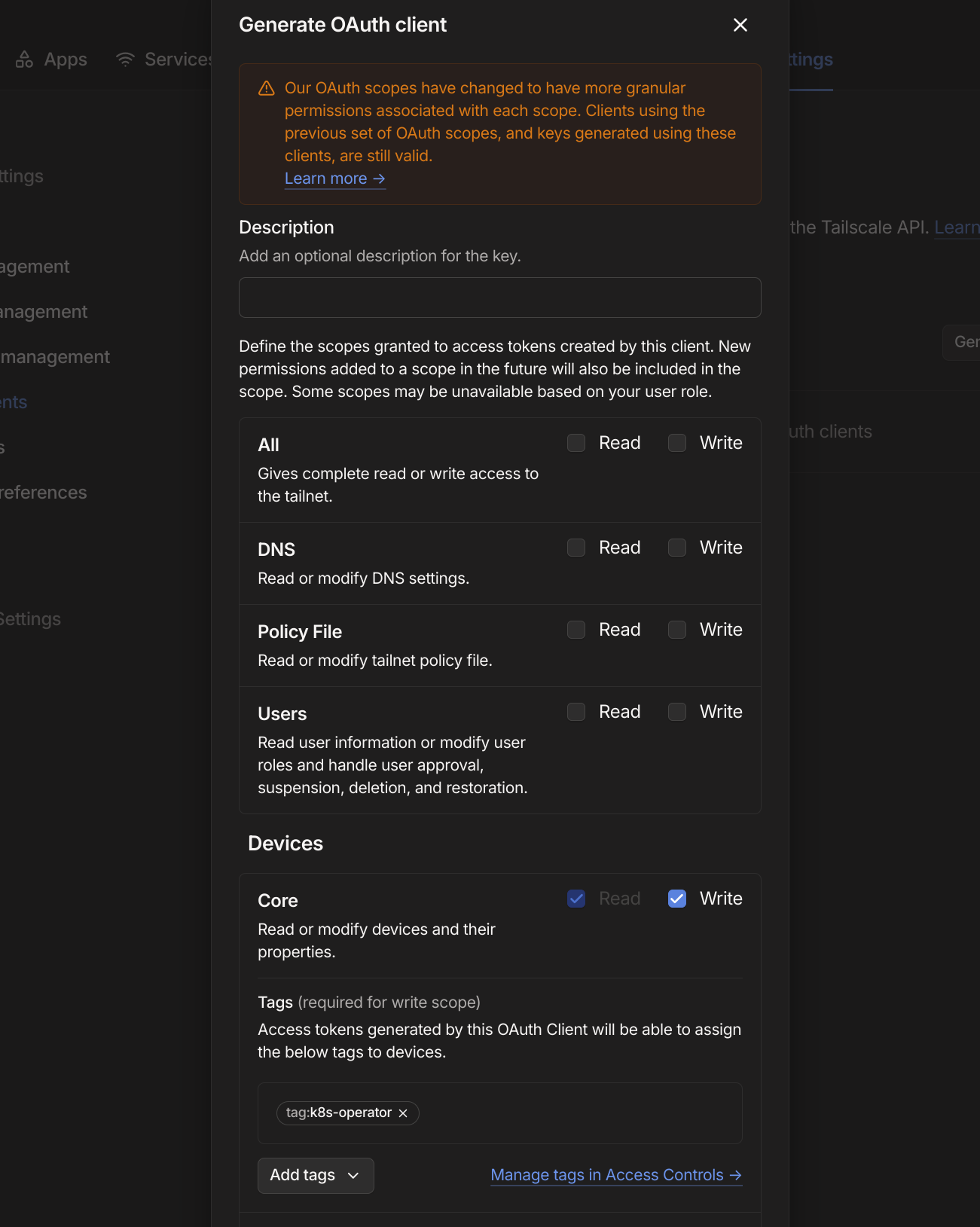 Tailscale Oauth Scopes
