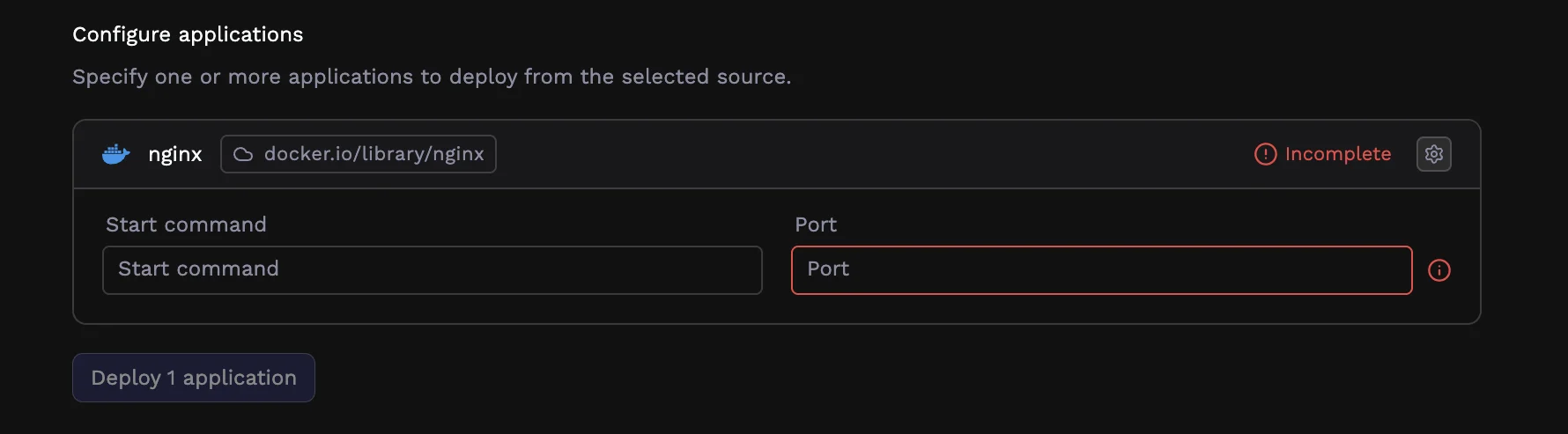Application card showing derived name and Docker image