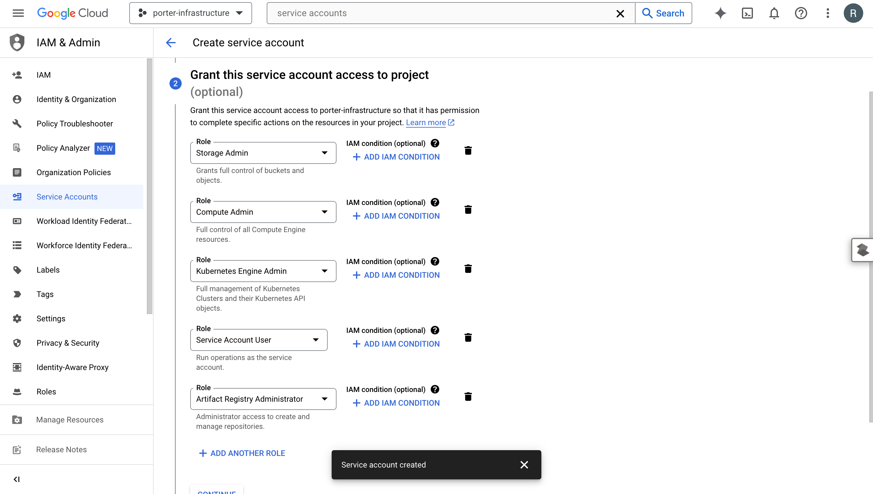 Create service account confirmation