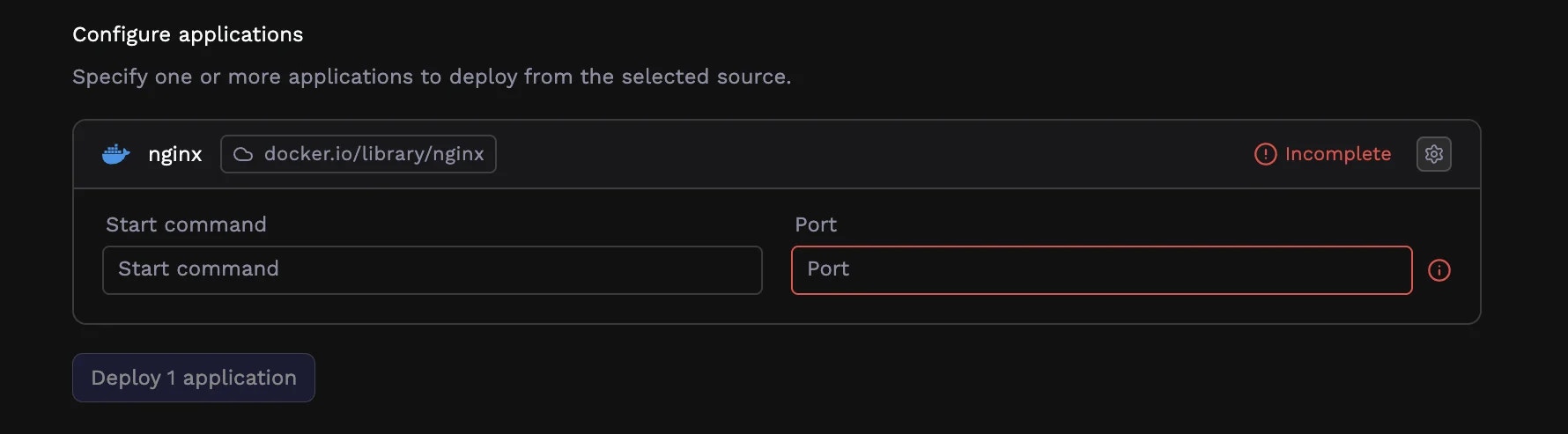 Application card showing derived name and Docker image