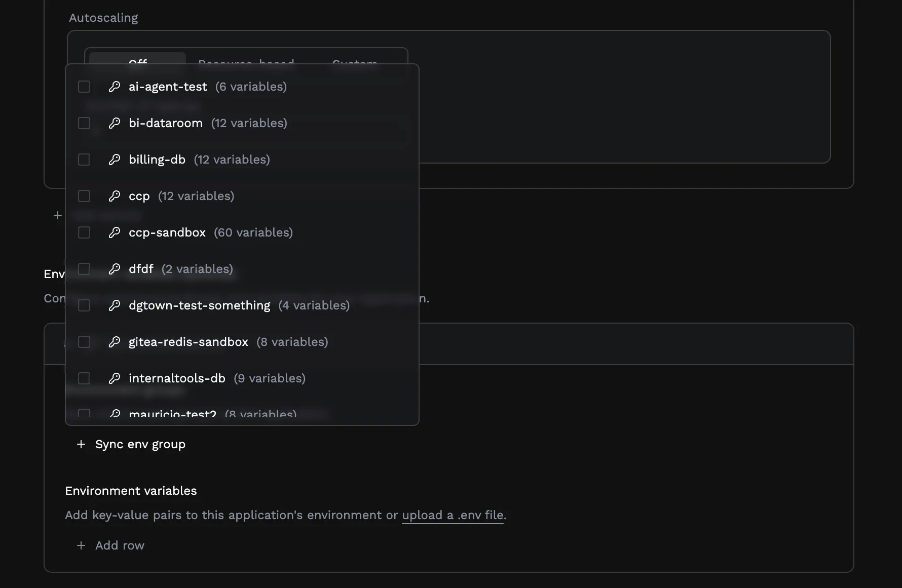 Environment groups selector