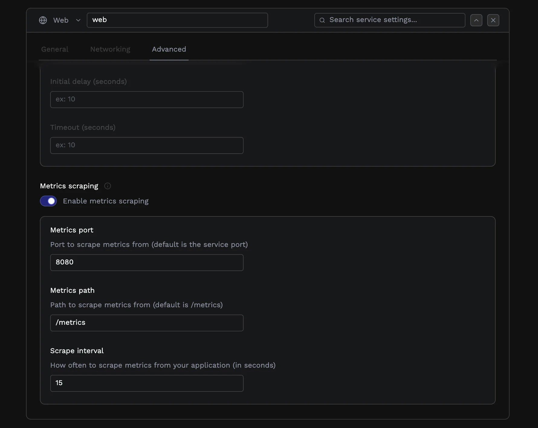 Metrics scraping configuration