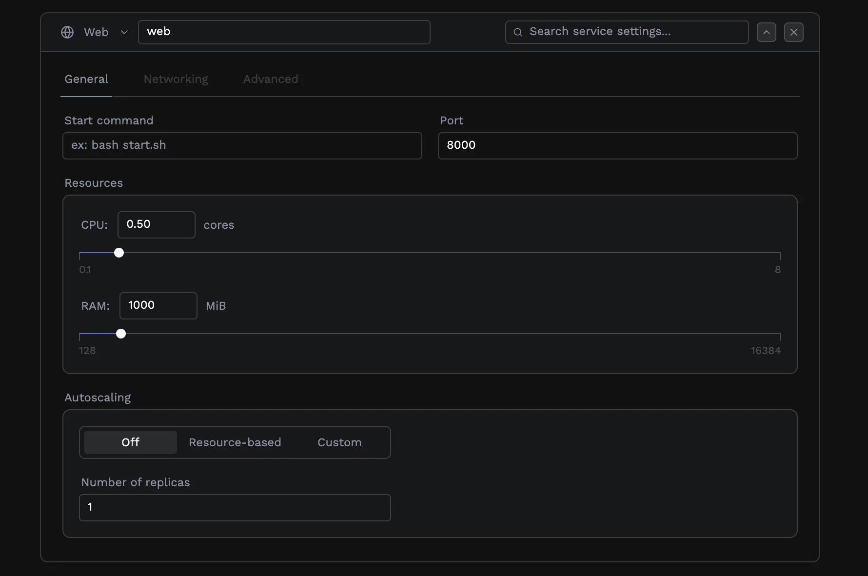 Resource allocation sliders for CPU and RAM