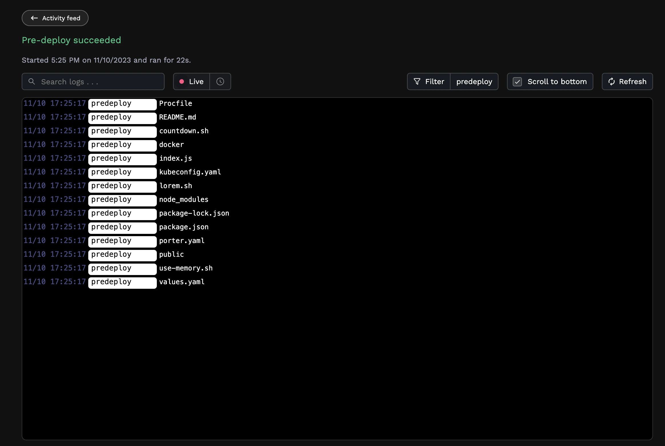 Predeploy logs