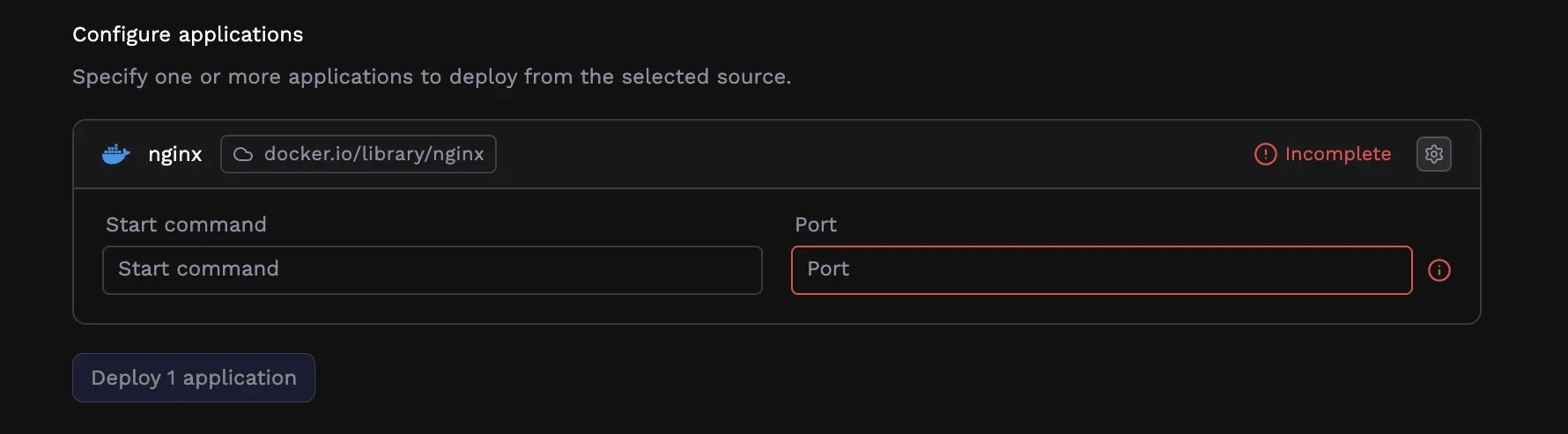 Application card showing derived name and Docker image