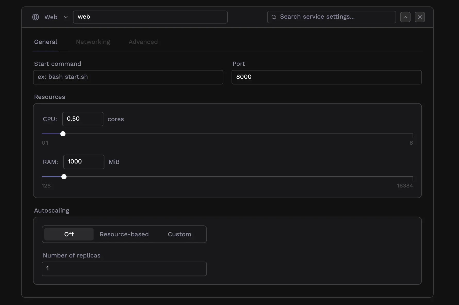 Resource allocation sliders for CPU and RAM