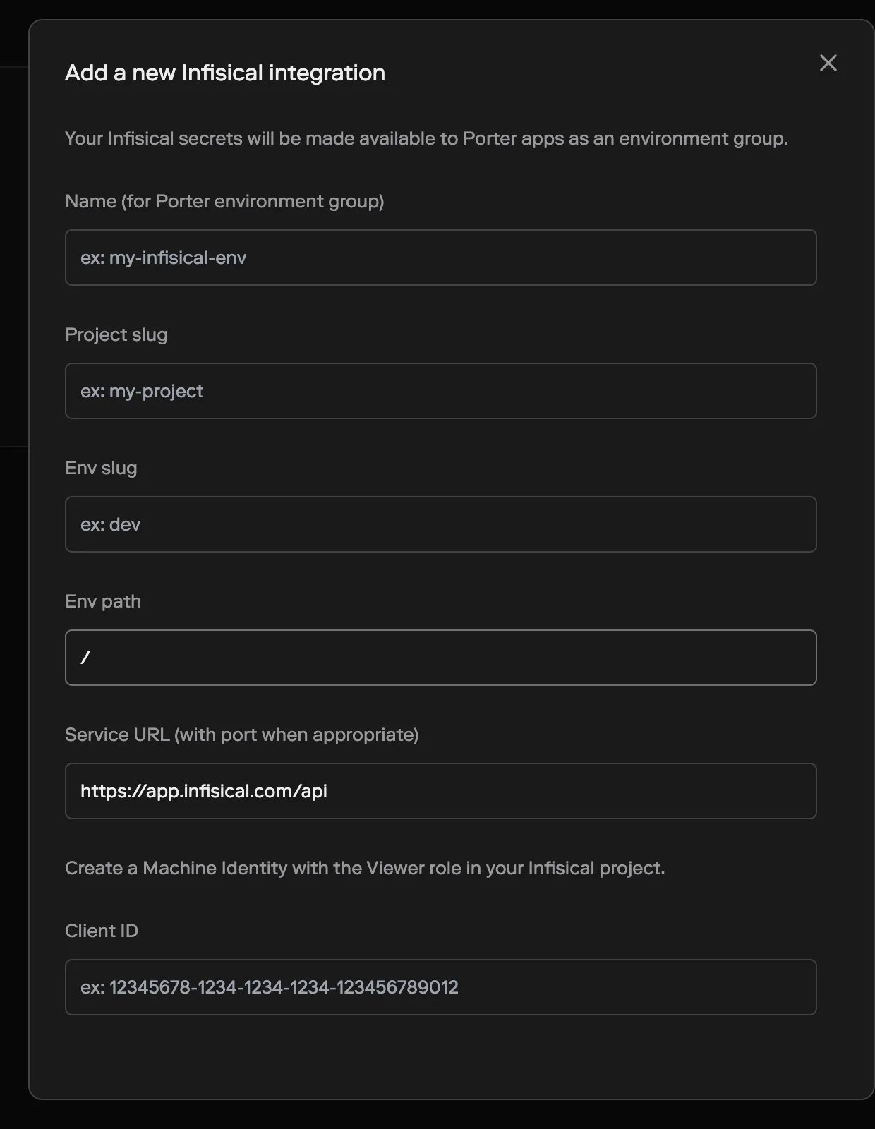 Add a new Infisical integration modal in the Porter dashboard