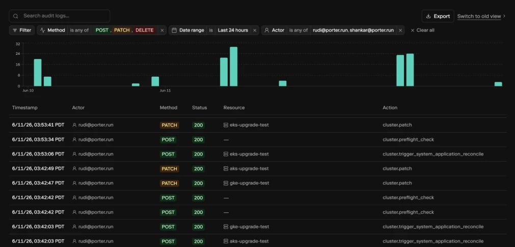 Audit logs page in the Porter dashboard
