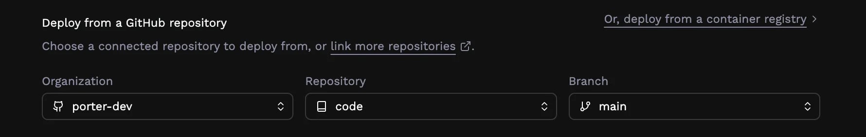 GitHub repository and branch selector