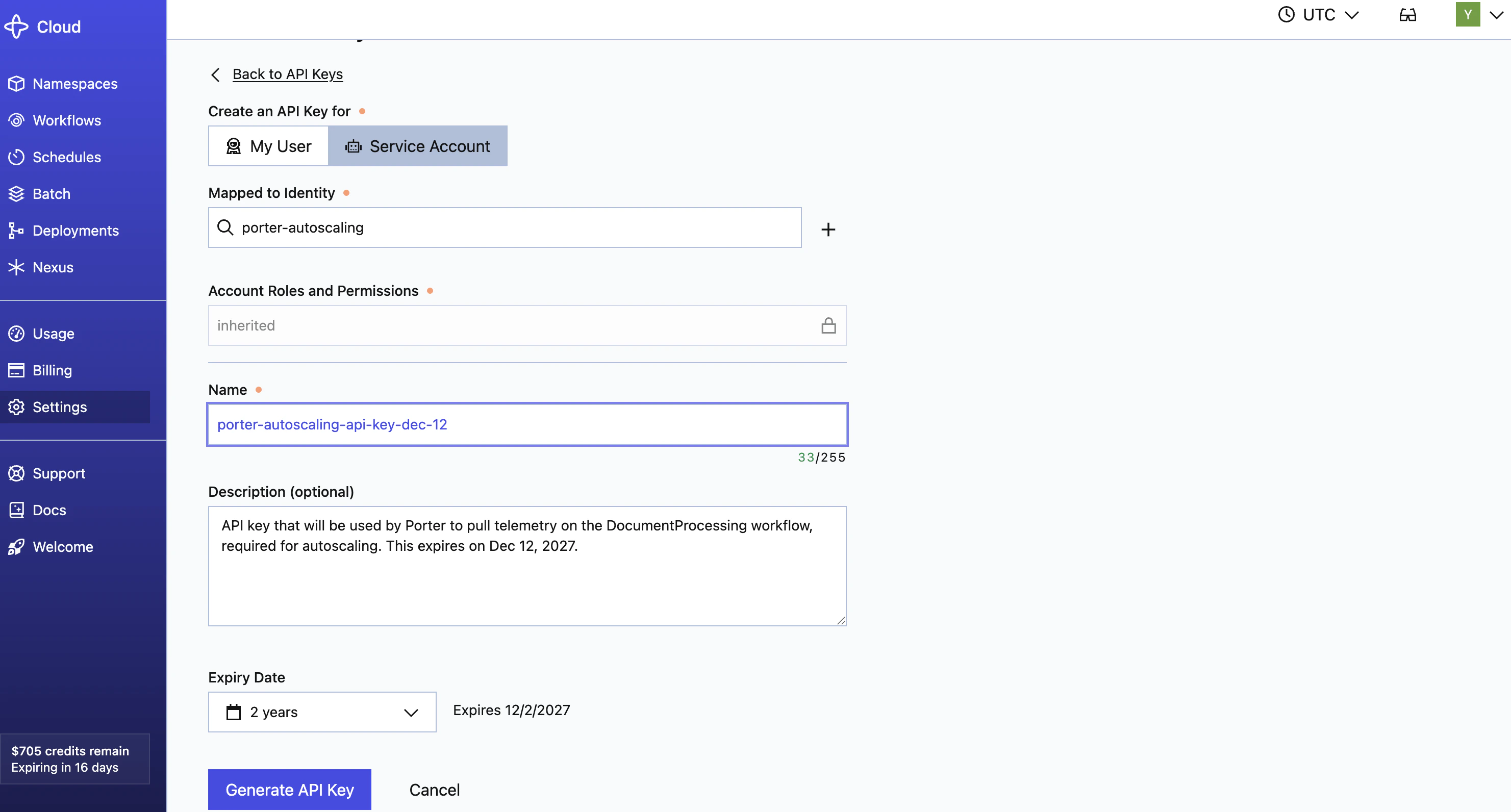 Temporal API Key Creation