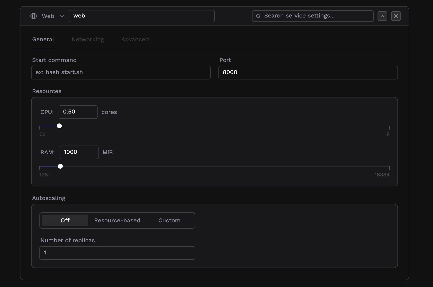 Resource allocation sliders for CPU and RAM
