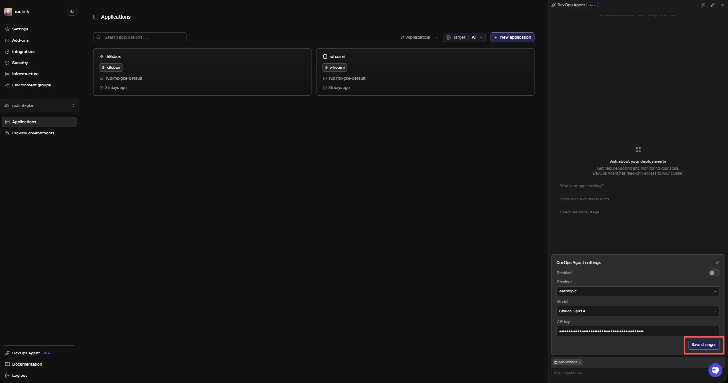DevOps Agent settings panel