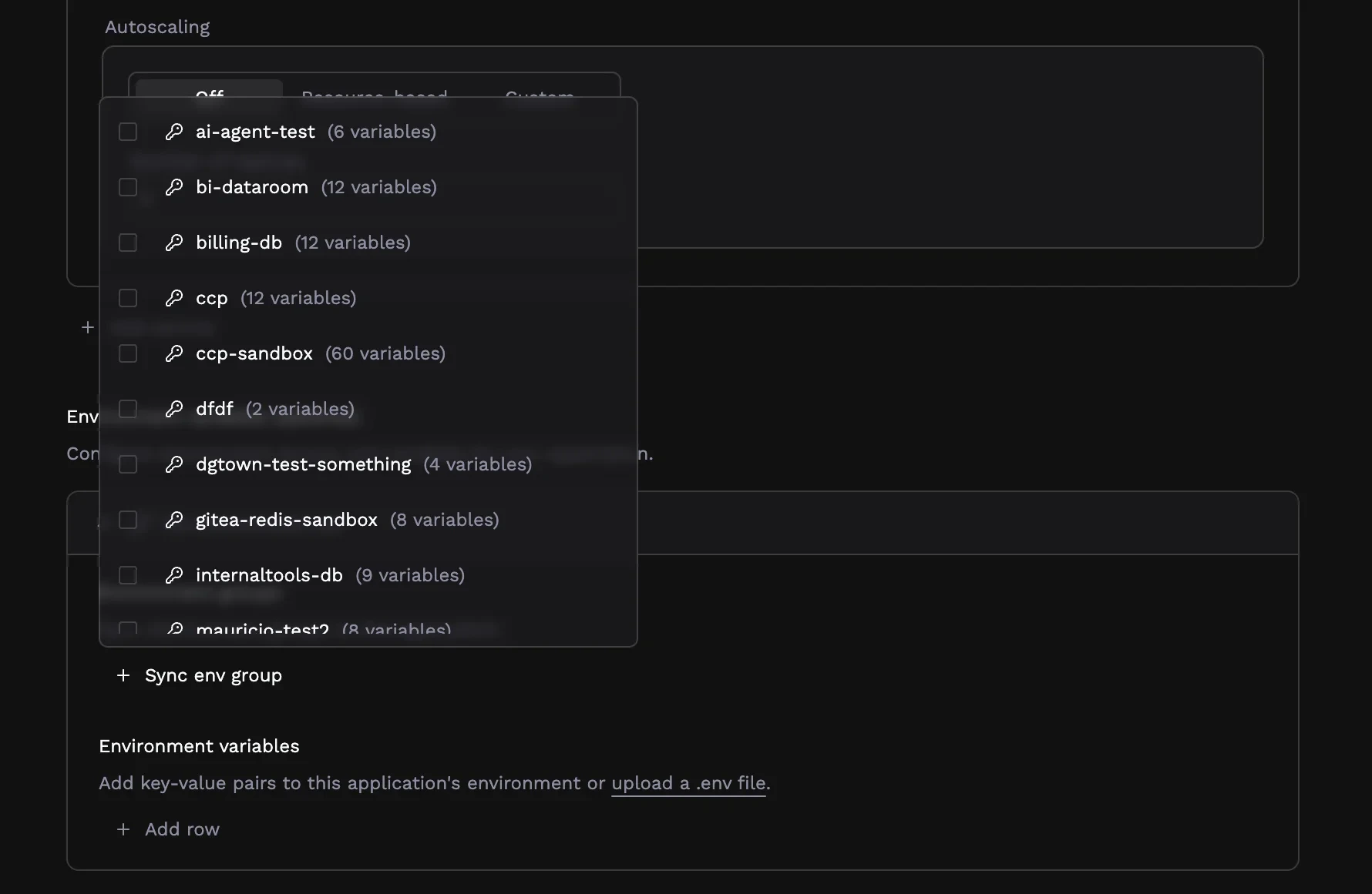 Environment groups selector
