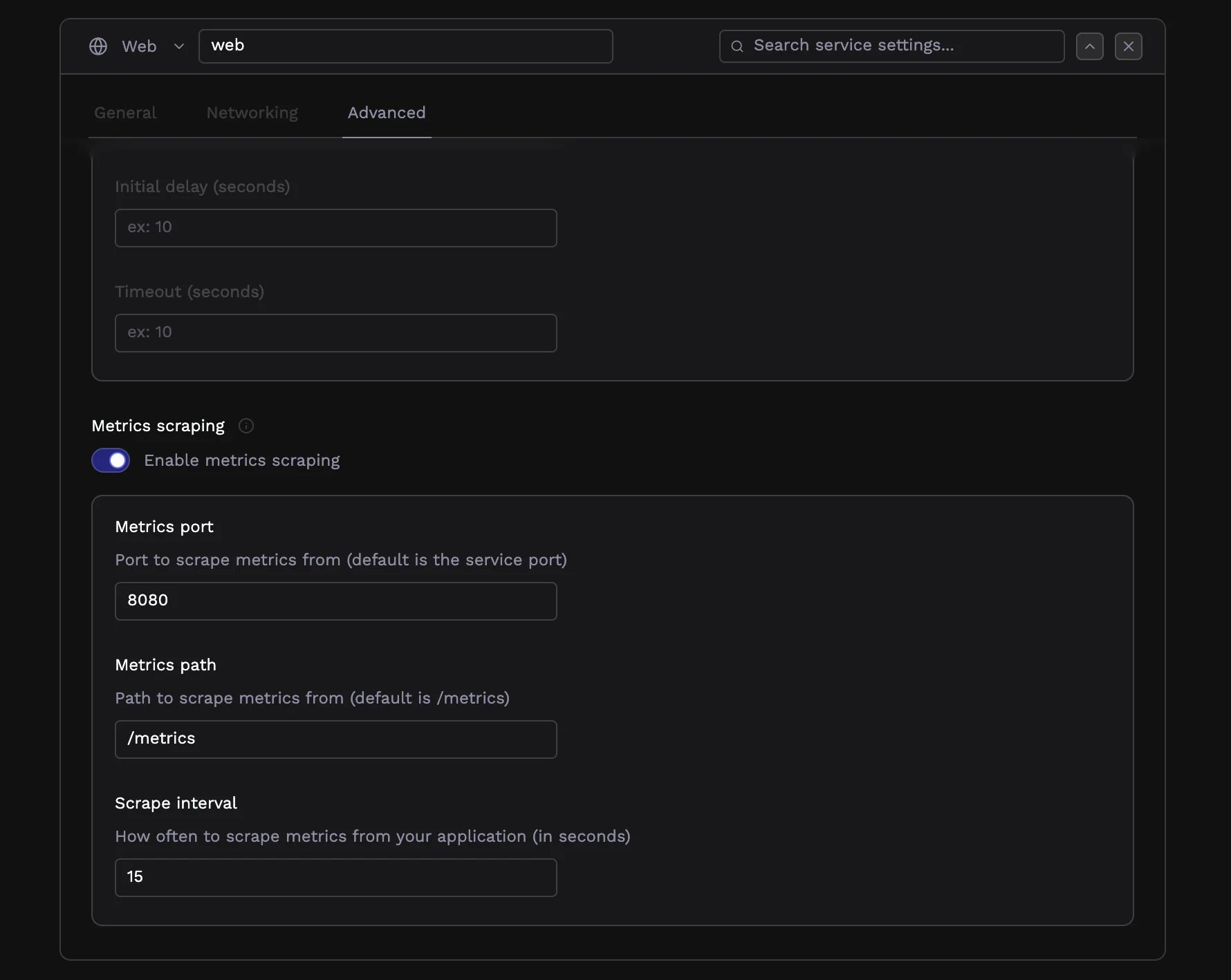 Metrics scraping configuration