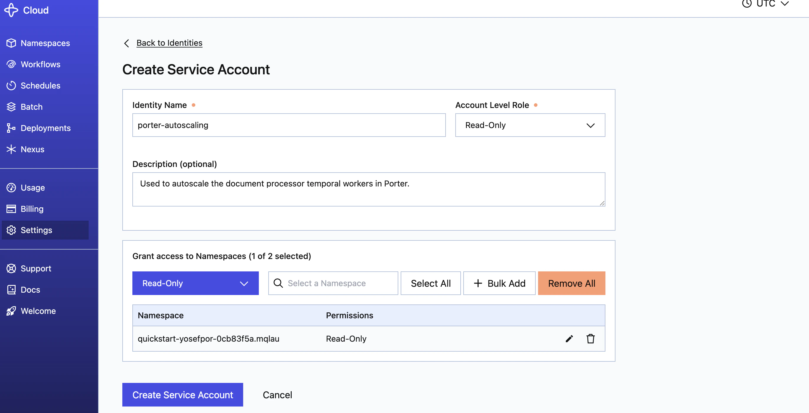 Temporal Service Account Creation