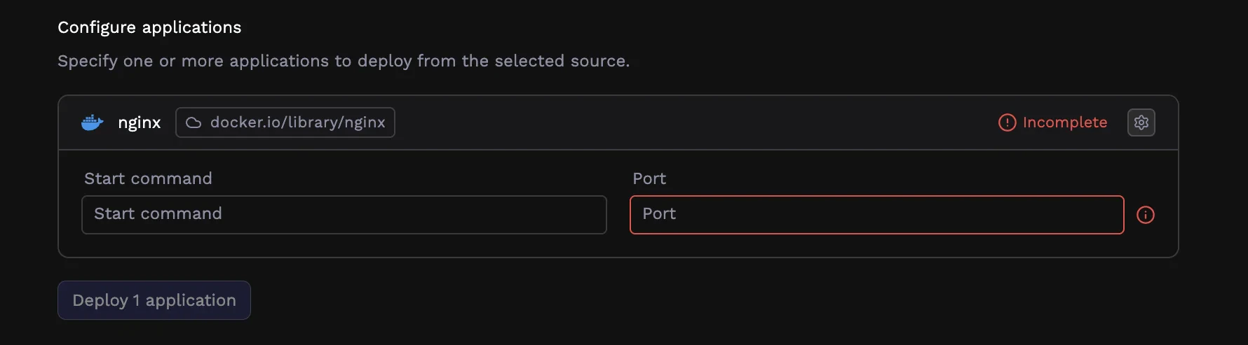 Application card showing derived name and Docker image