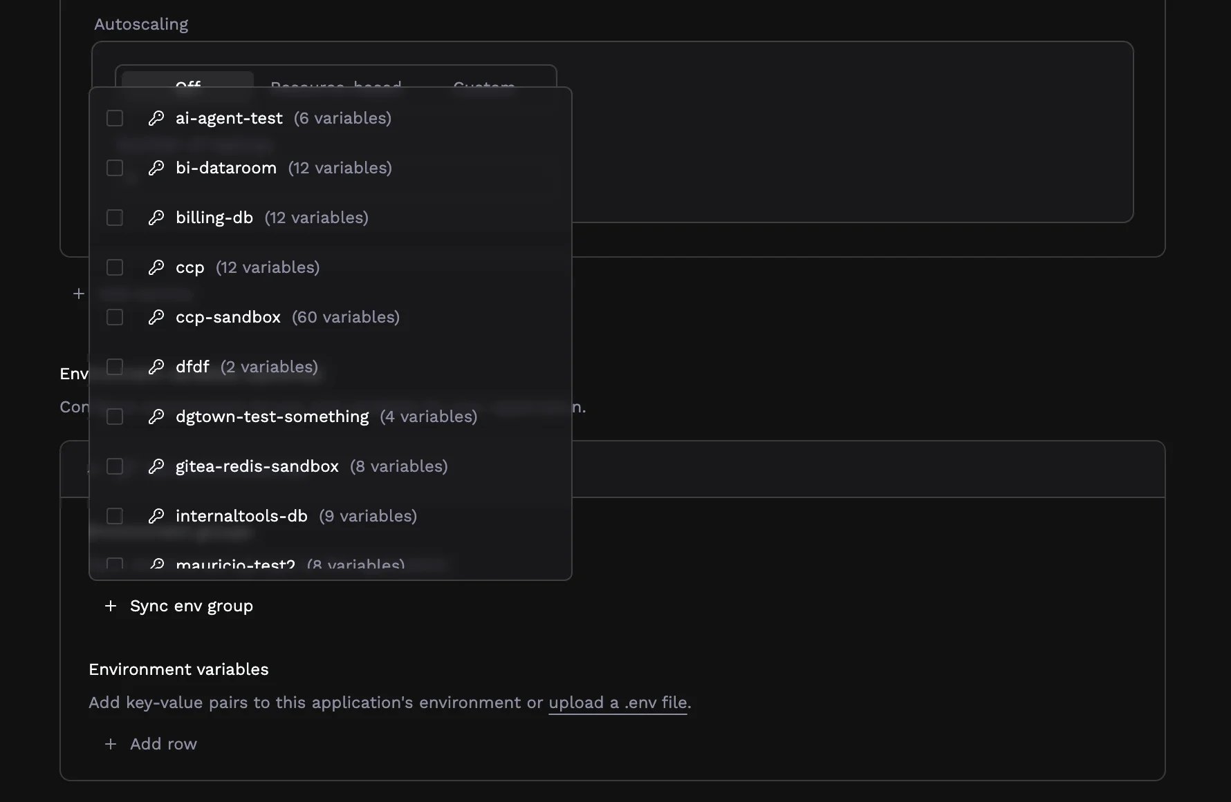 Environment groups selector