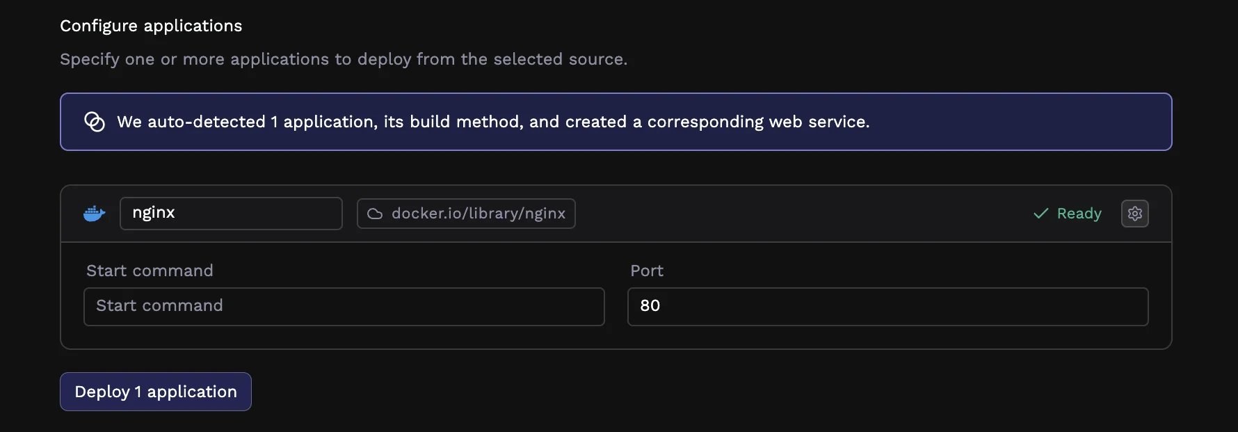 Application card with configure and deploy buttons