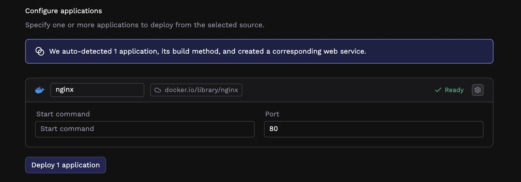 Application card with configure and deploy buttons