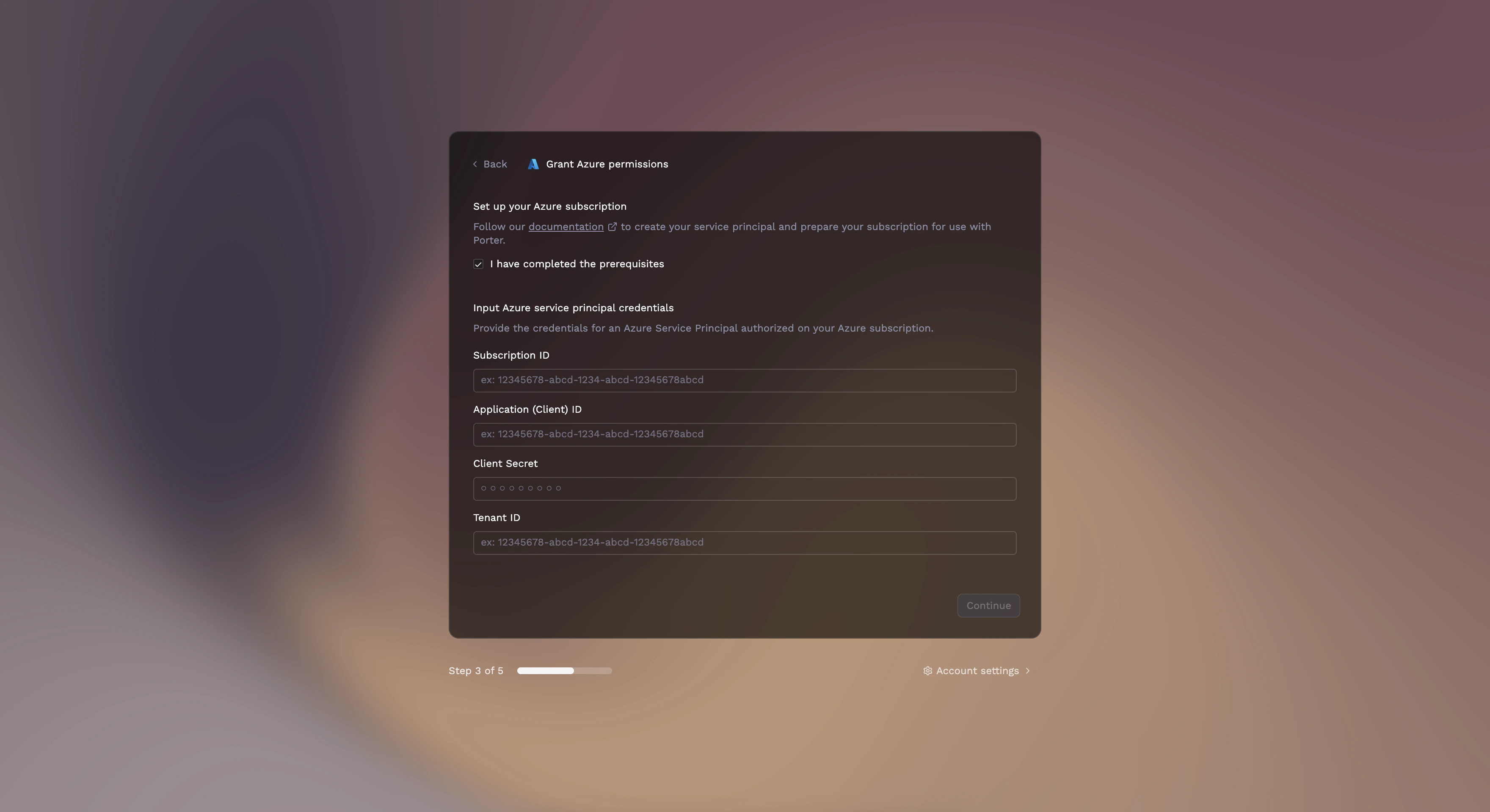 Azure credentials entry