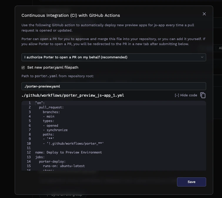 Selecting Preview porter.yaml File