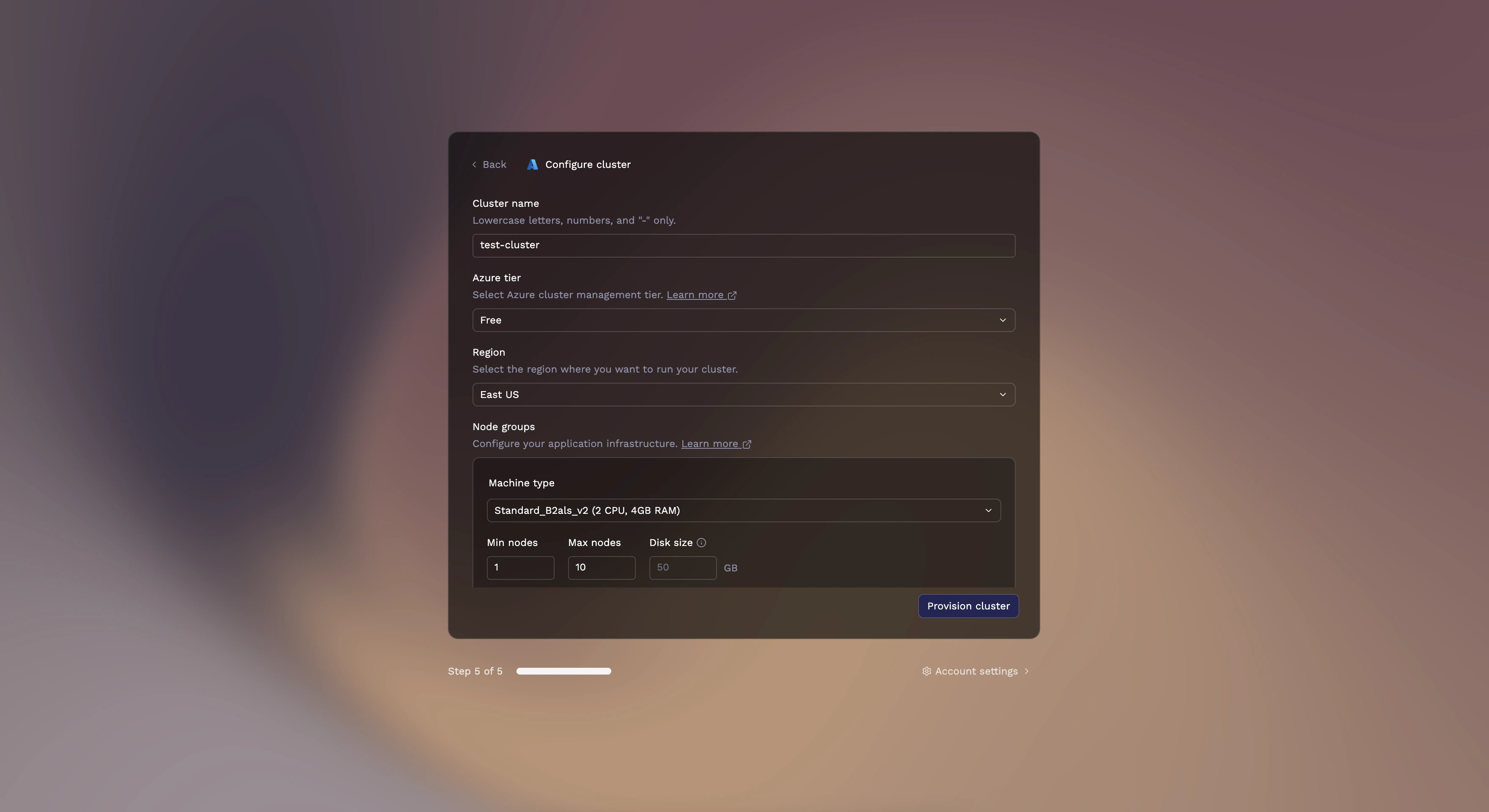 Azure cluster configuration