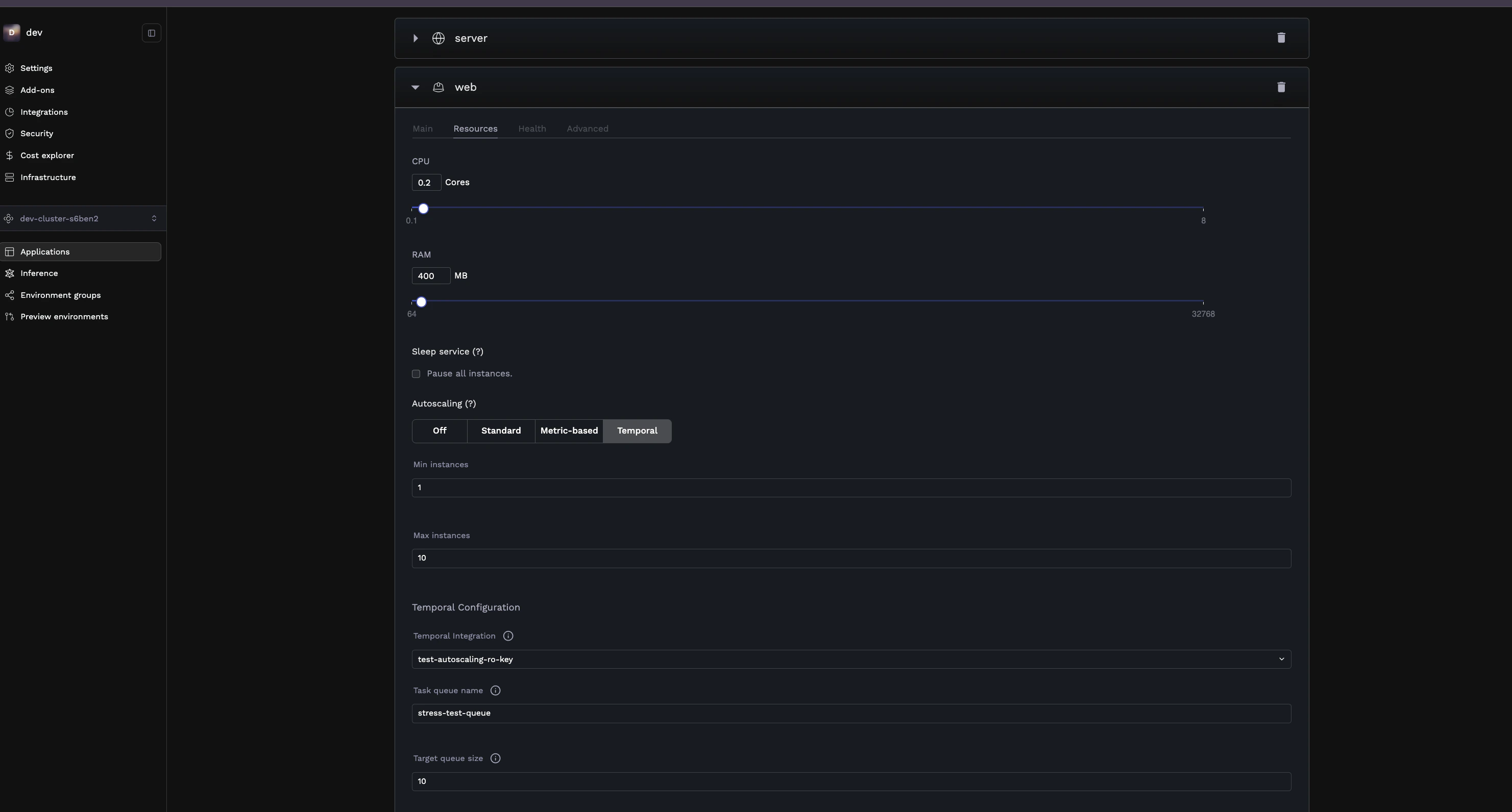 Temporal Autoscaling Configuration