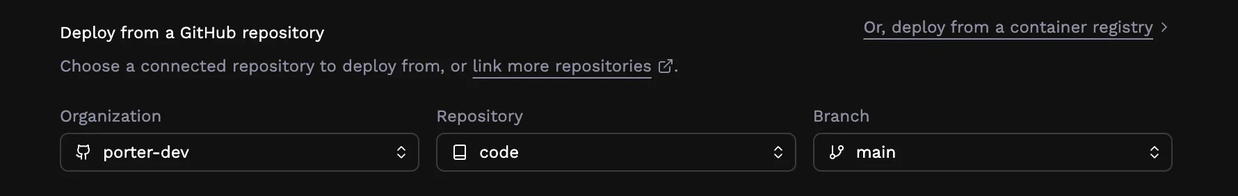 GitHub repository and branch selector