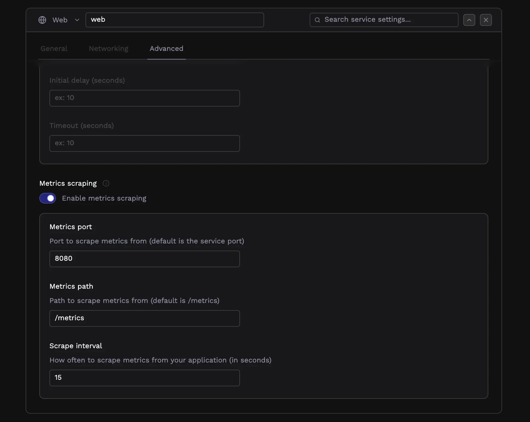 Metrics scraping configuration