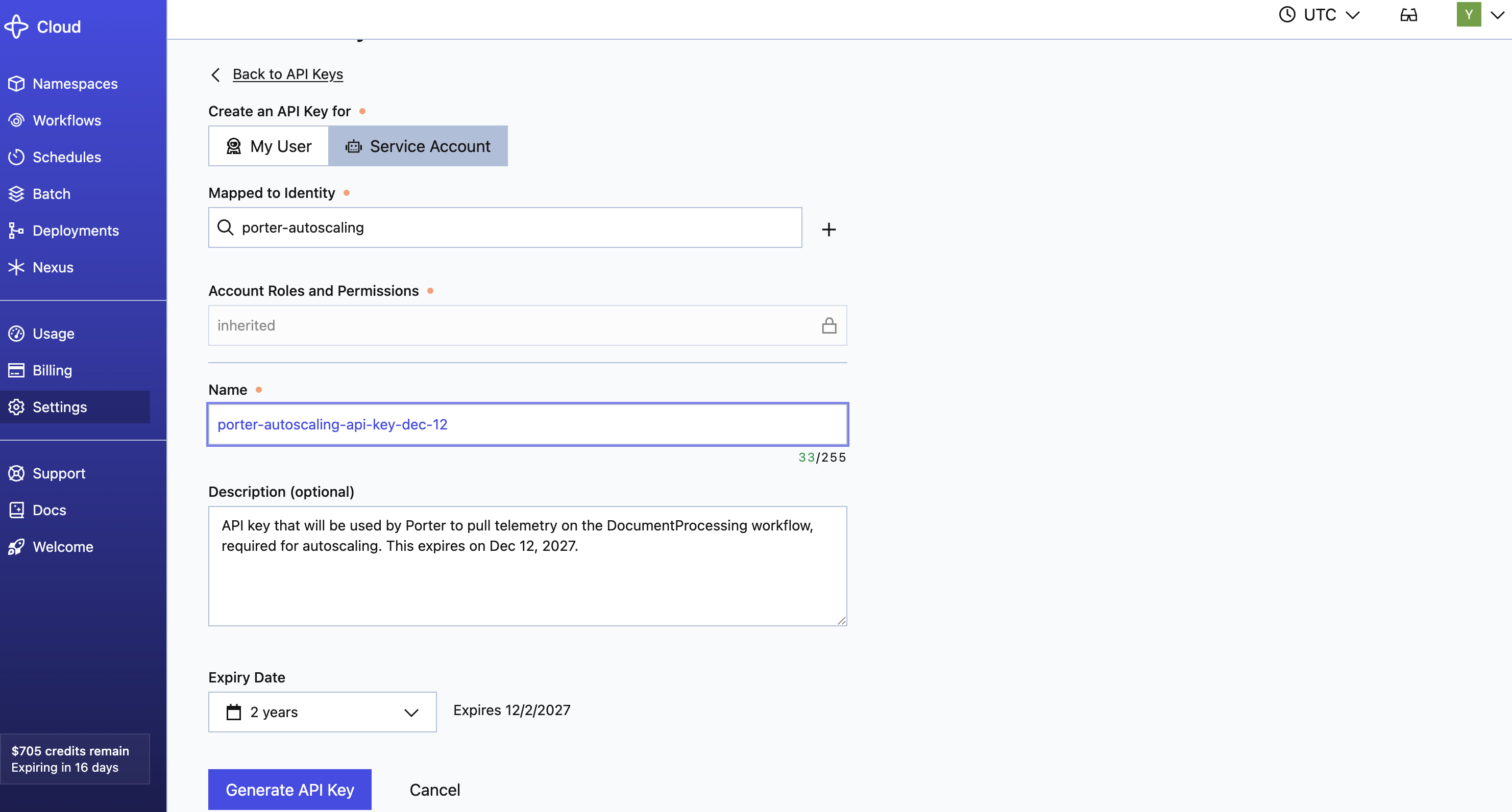 Temporal API Key Creation