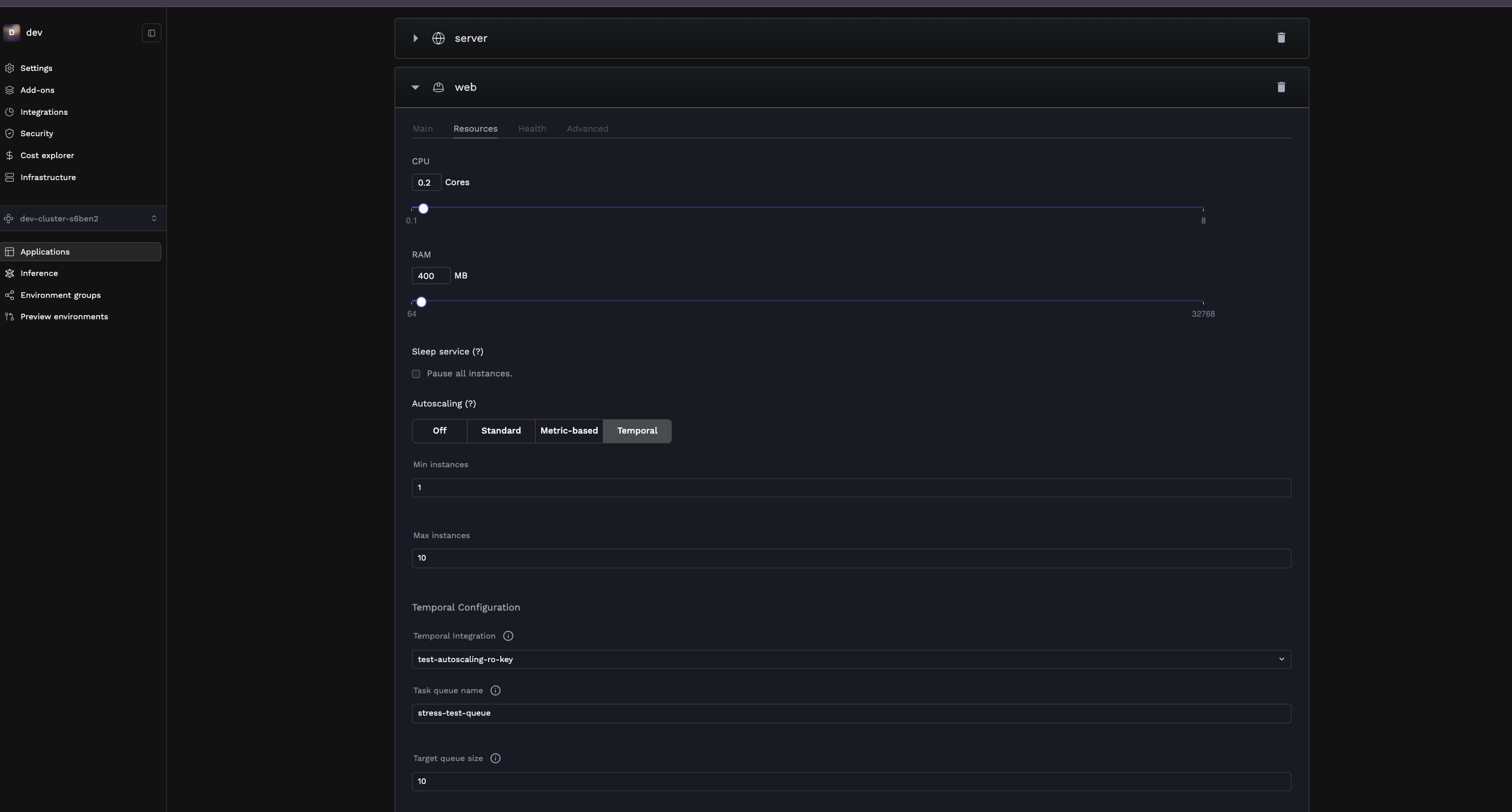 Temporal Autoscaling Configuration