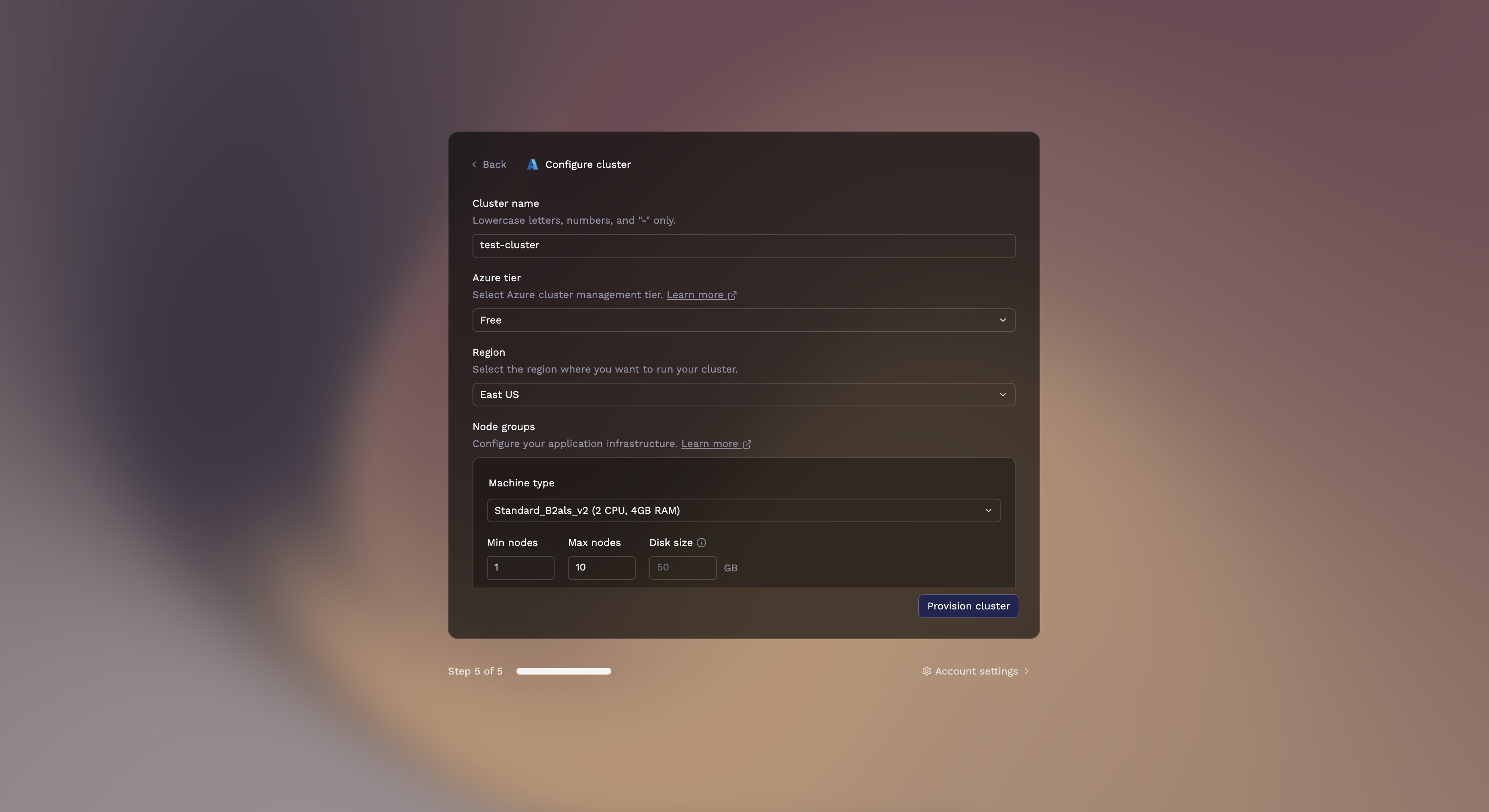 Azure cluster configuration